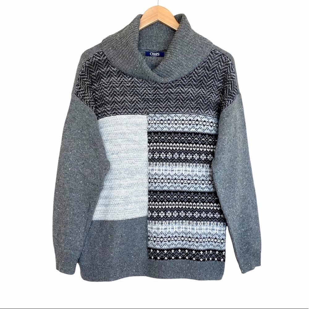 Chaps Gray Patchwork Fair Isle Cowl Neck Chunky K… - image 2